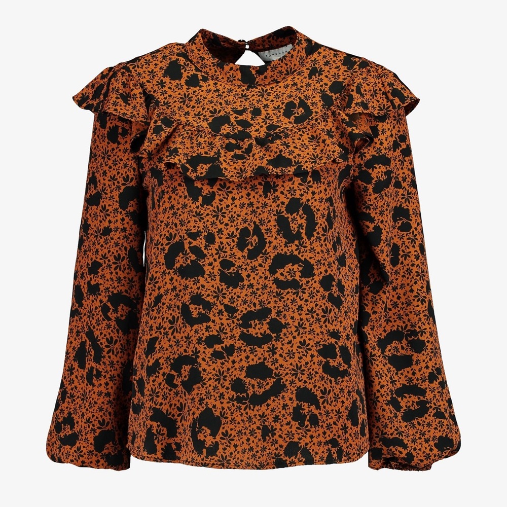 Topshop PETITE Copper Black Leopard Floral Ruffle Blouse Top